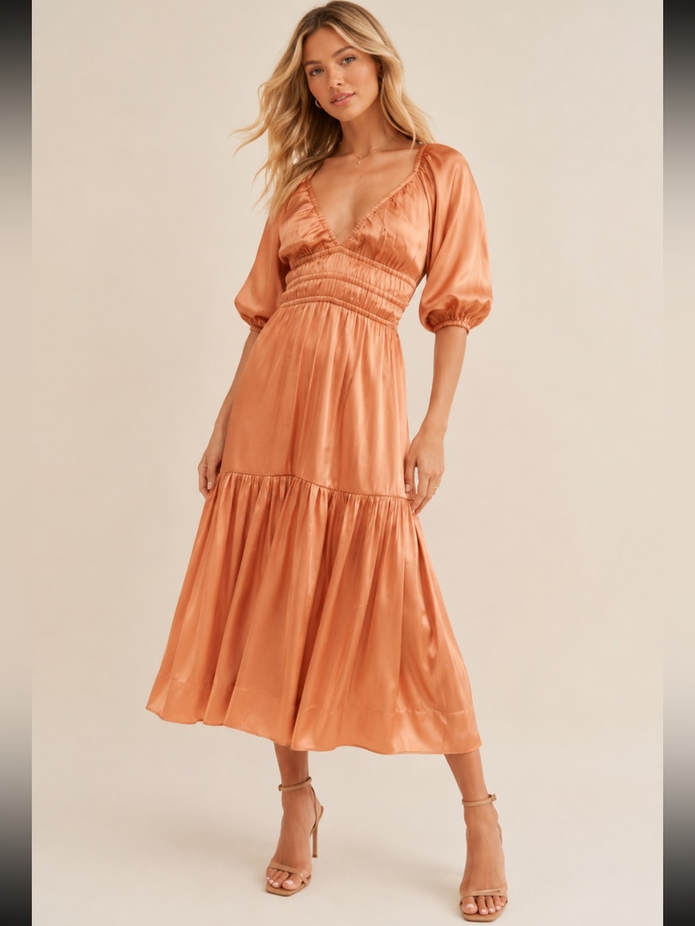 Mon Renn Copper metallic Elate Midi Dress Size Small 36745